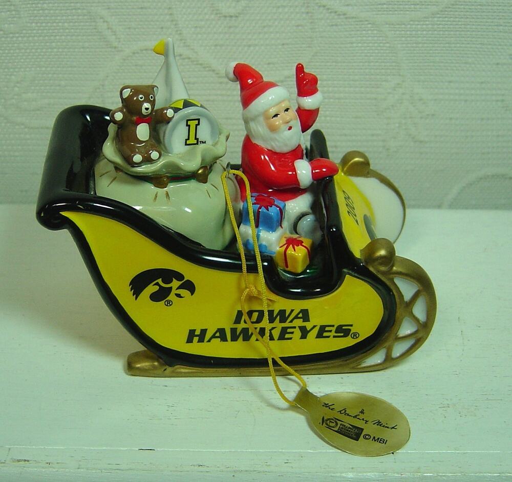 DANBURY MINT IOWA HAWKEYES ORNAMENT-SANTA IN SLEIGH-2009-NO BOX-CERAMIC